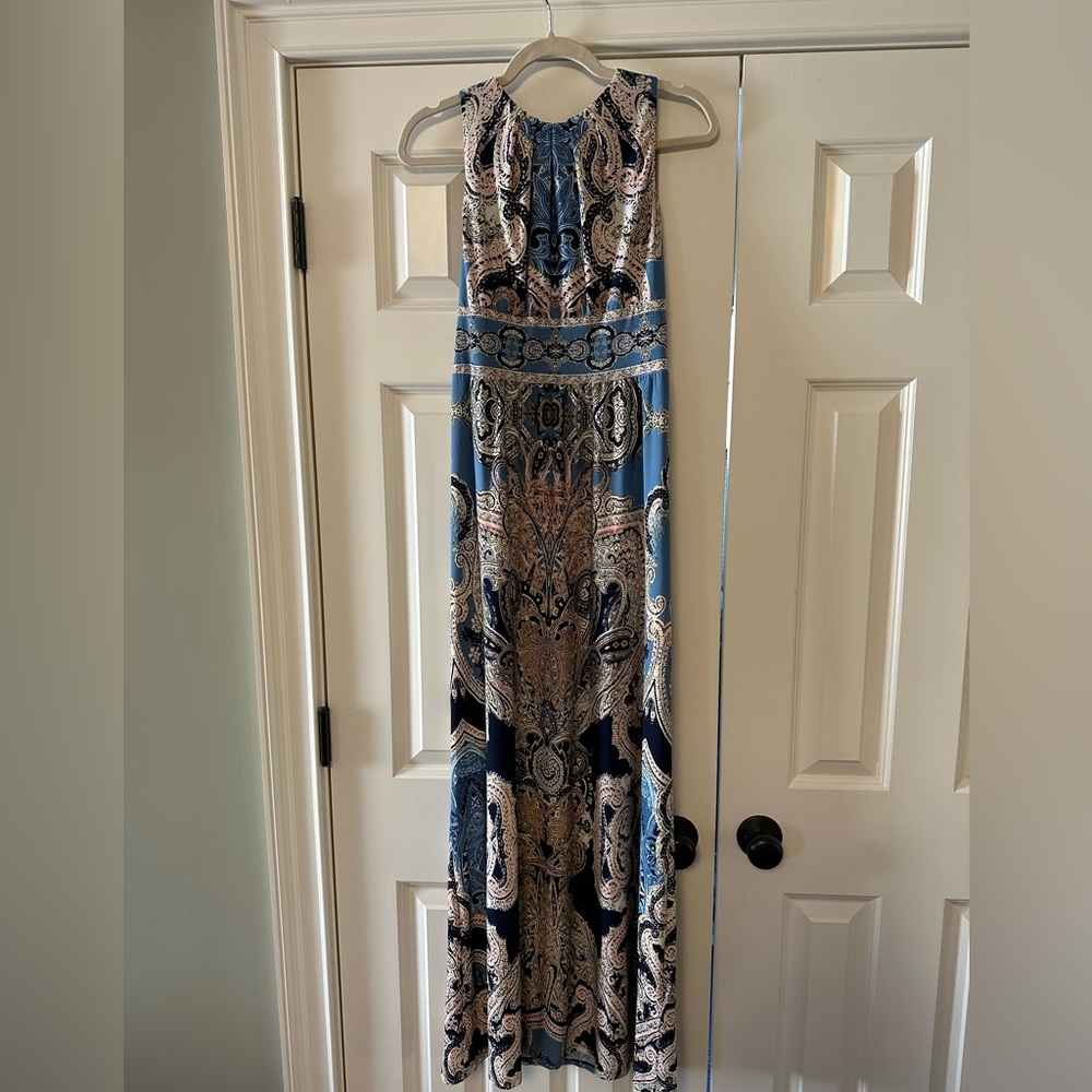 London Times Blue Paisley Maxi Dress with Cream and Pink Accents